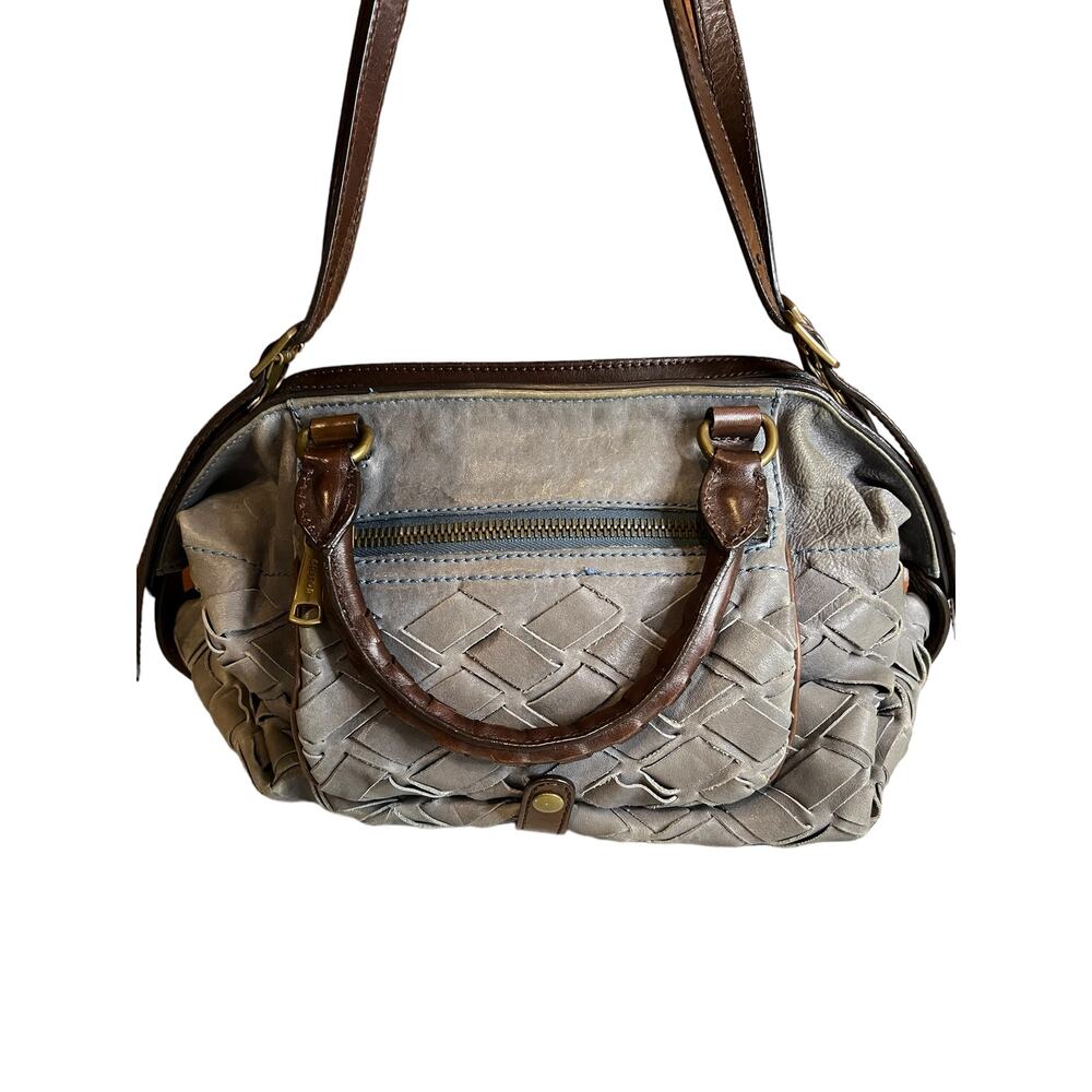 Joy Gryson Jasper Chunky Basketweave Satchel Bag Light Gray Chocolate Brown